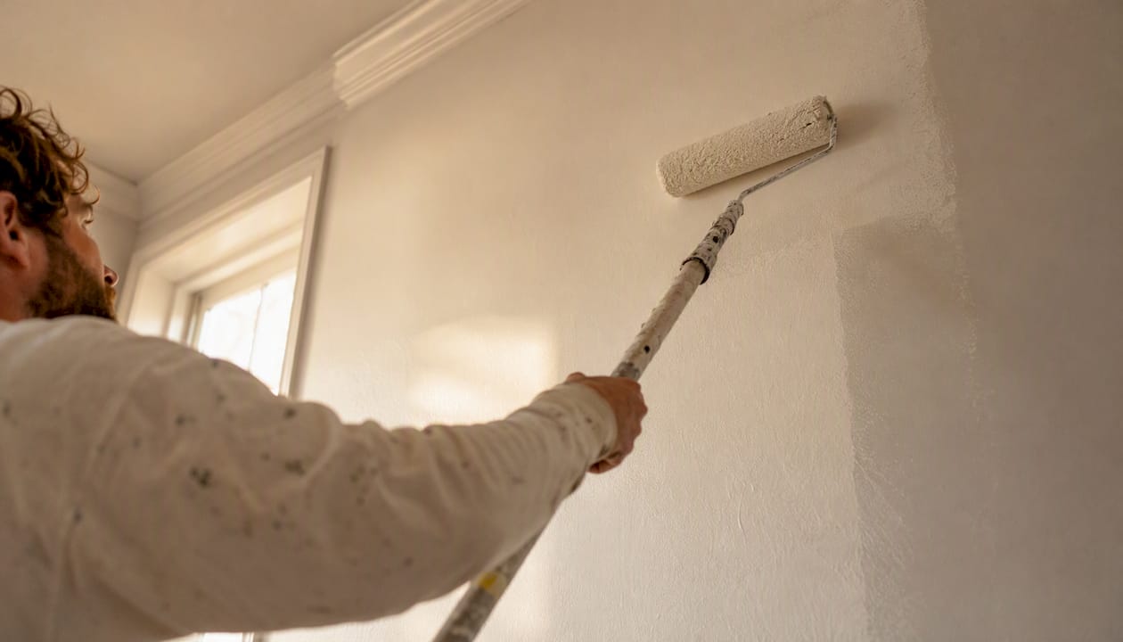 Painter rolling paint on interior wall