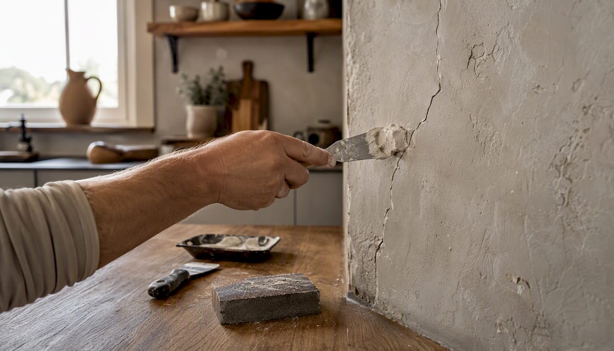 Hand filling wall cracks with plaster