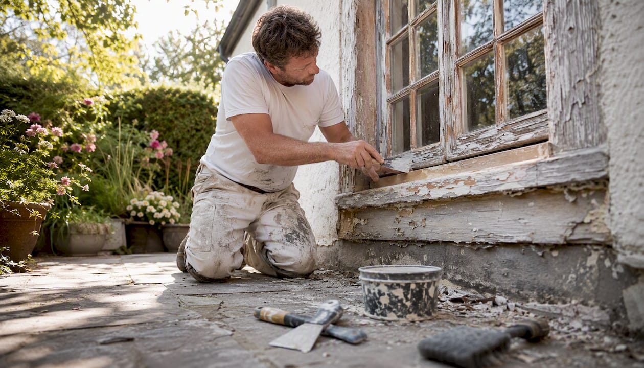Painter scraping exterior wall preparation