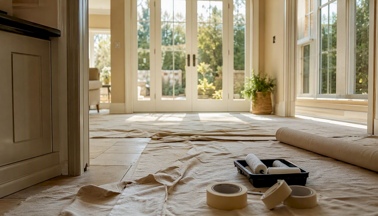 Painter laying dust sheets in multiple rooms