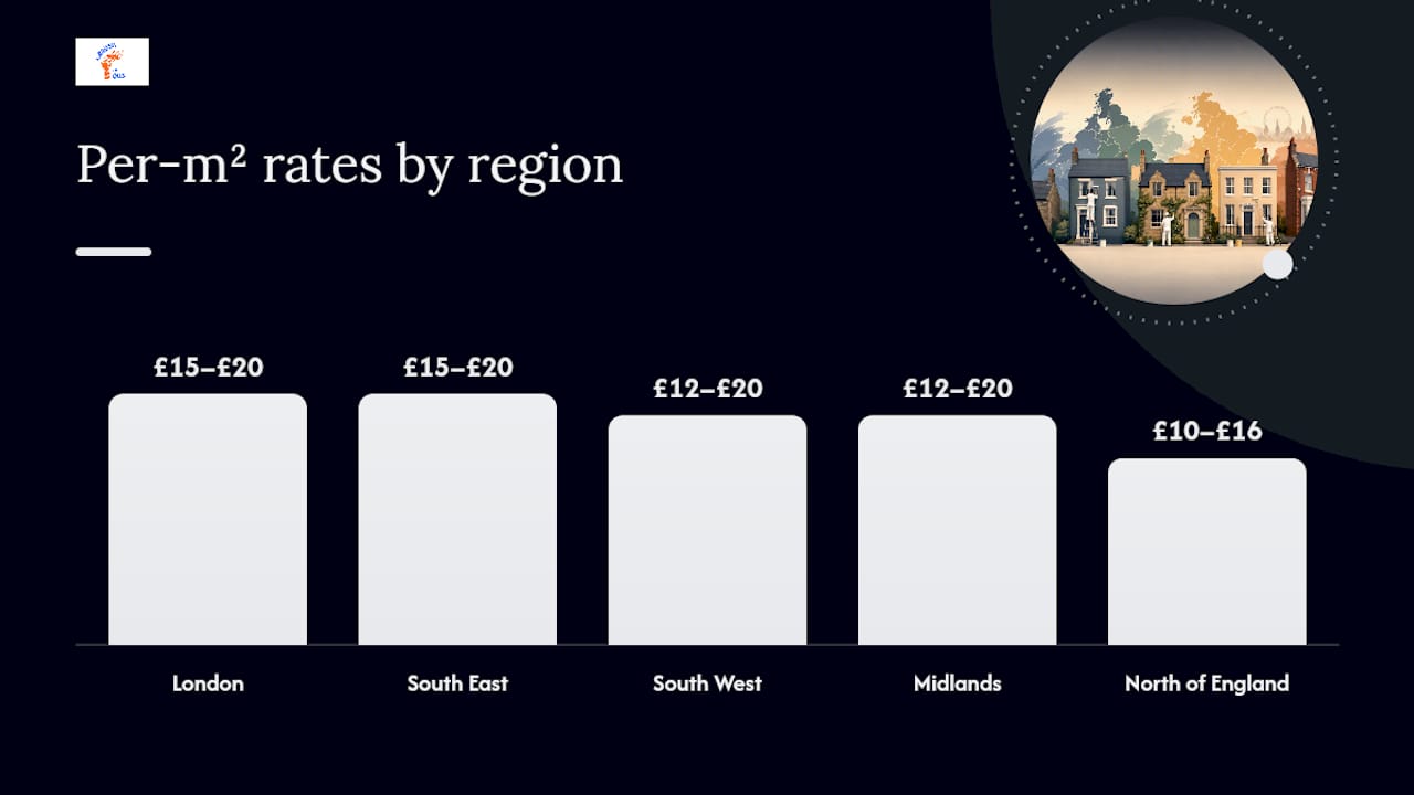 Diagram comparing UK regional painter day rates and per-m² costs