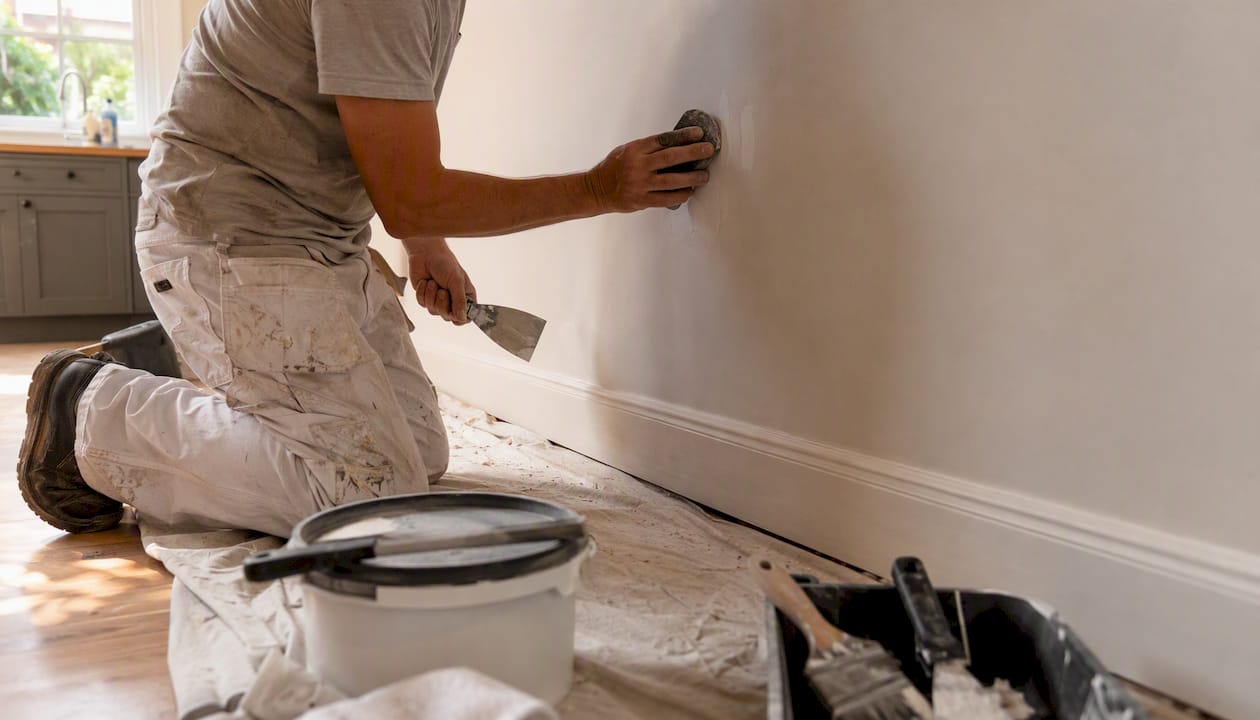 Painter preparing wall surface in rental hallway