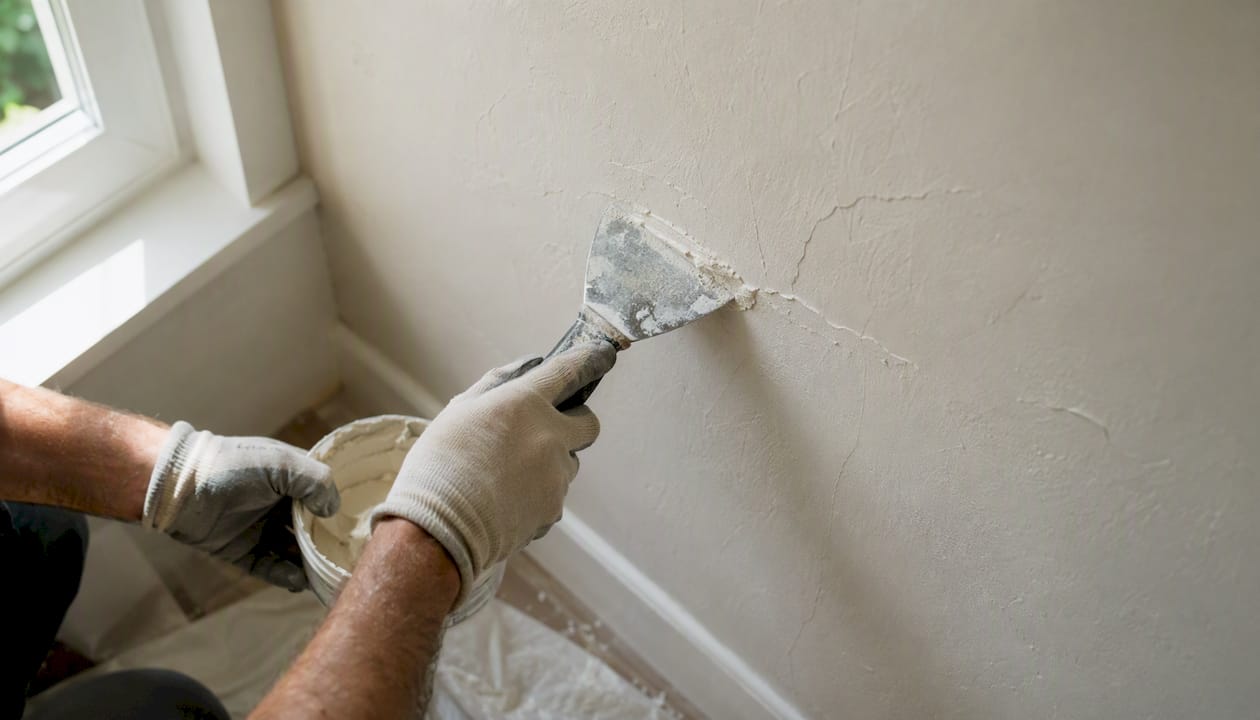 Hands applying wall filler with putty knife