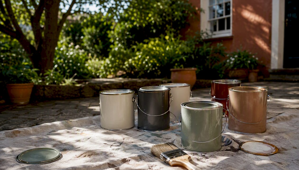 Trade-grade paints and brushes on drop cloth