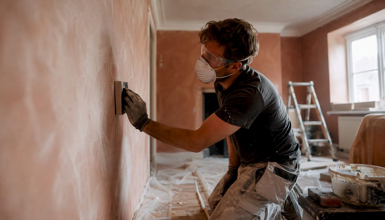 Painter sanding plaster wall with safety gear