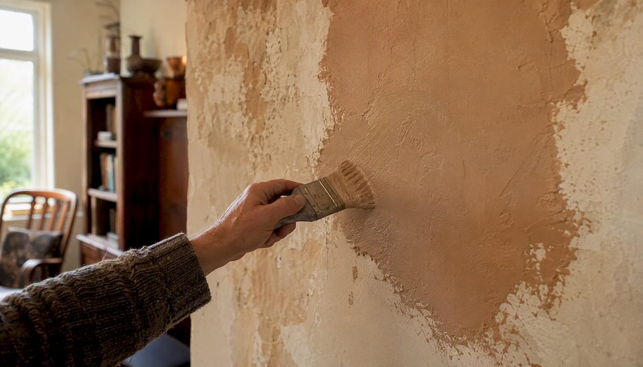 Hand smoothing clay eco paint on plaster wall