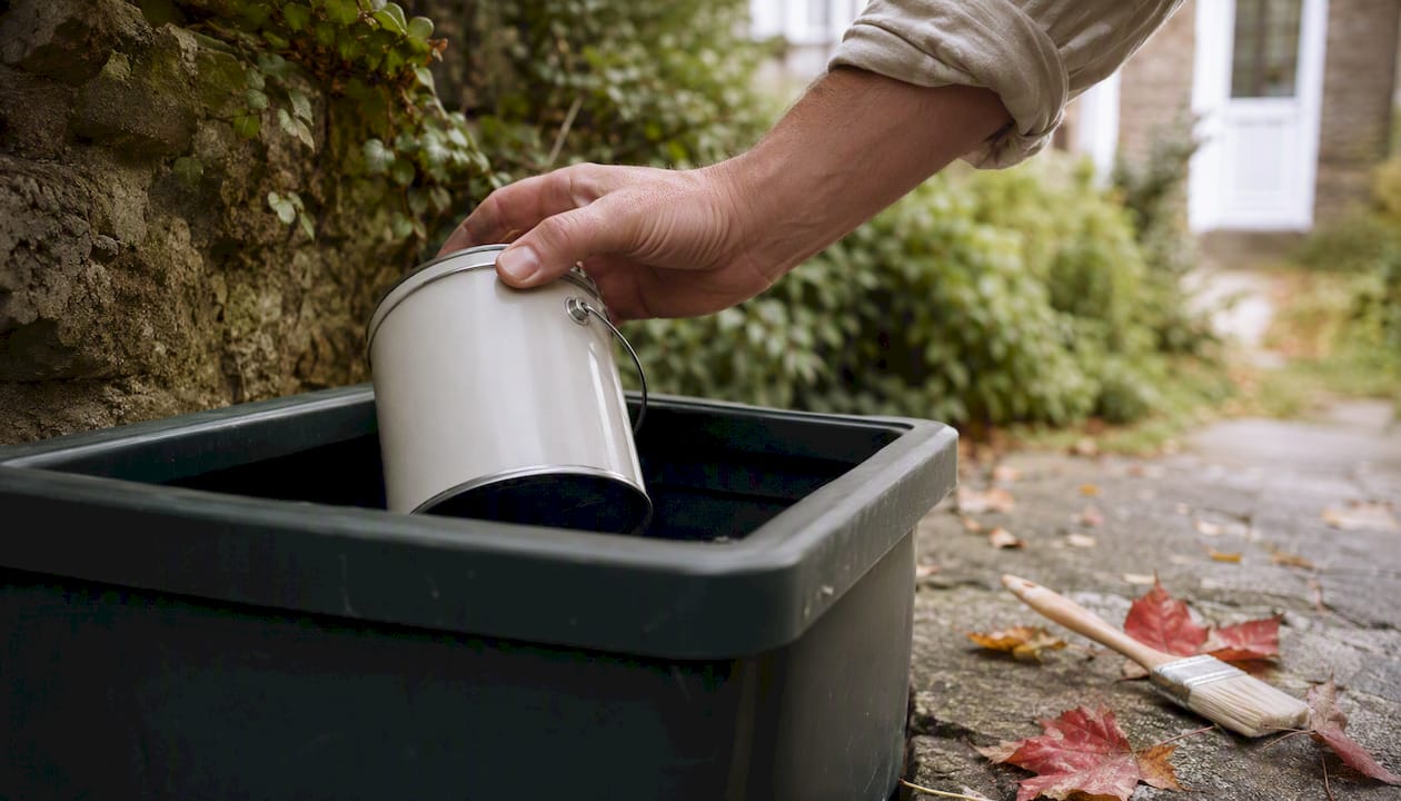 Hand depositing empty paint tin in recycling bin