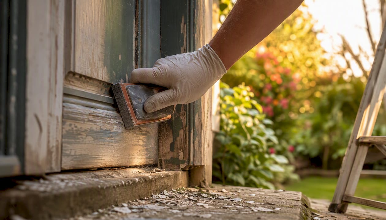 Gloved hand sanding UK home window frame exterior