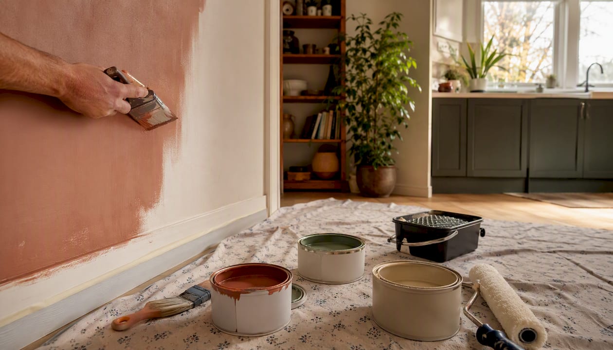 Applying eco-friendly clay paint on wall edge