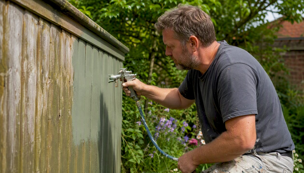 Painter applying exterior trim with sprayer