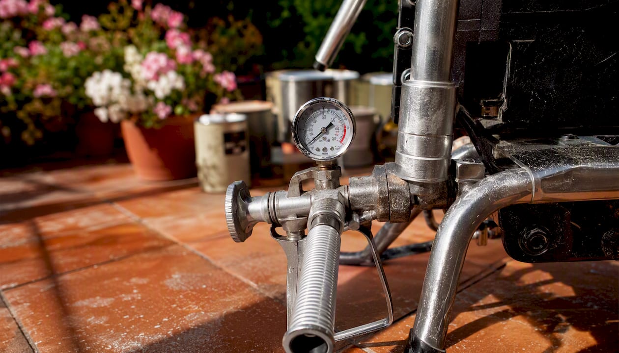 Close-up of professional airless sprayer nozzle and gauge