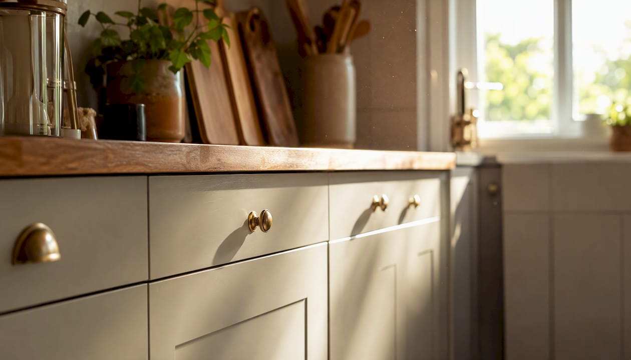 Brightly painted kitchen cabinets with fresh finish