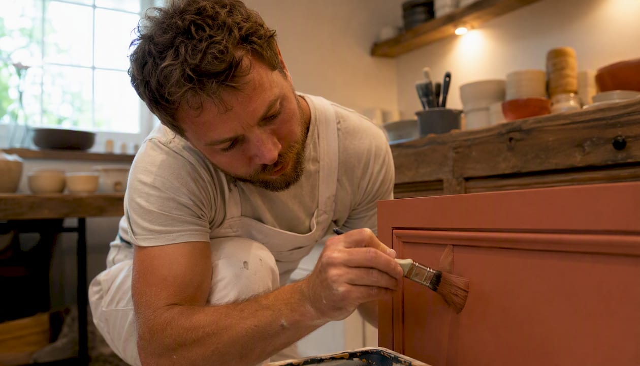 Painter applying kitchen cabinet paint by hand