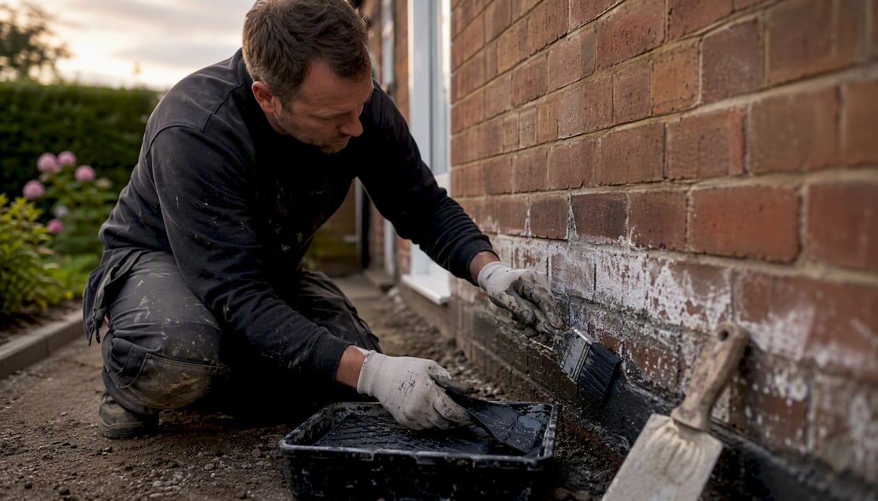 Painter applying damp-proof paint on damp brick wall