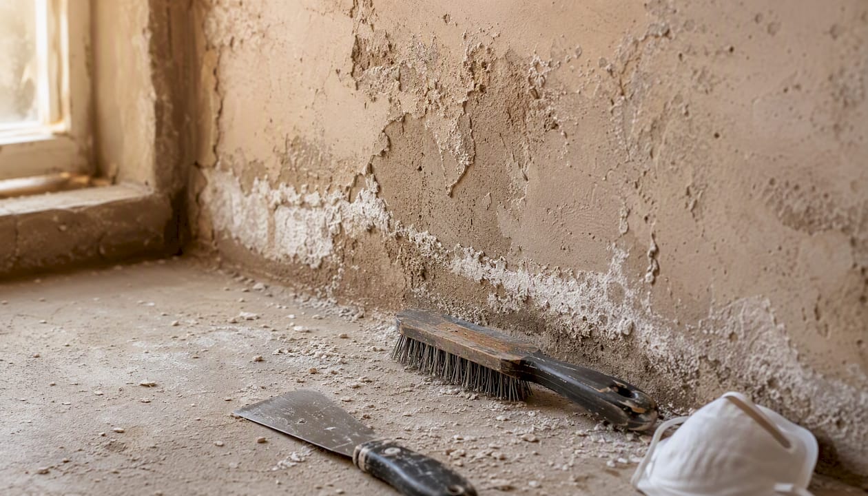 Wall surface scraped and cleaned of salt deposits