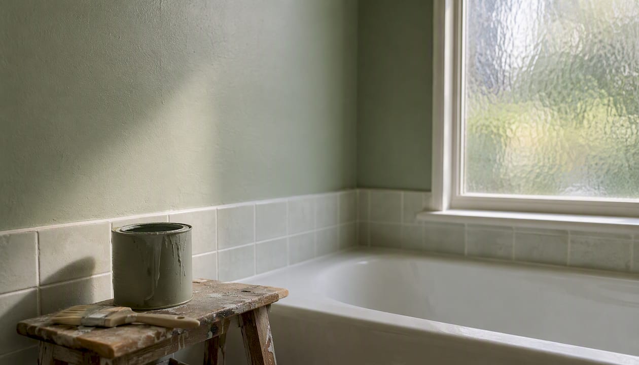 Muted painted bathroom wall with subtle tile