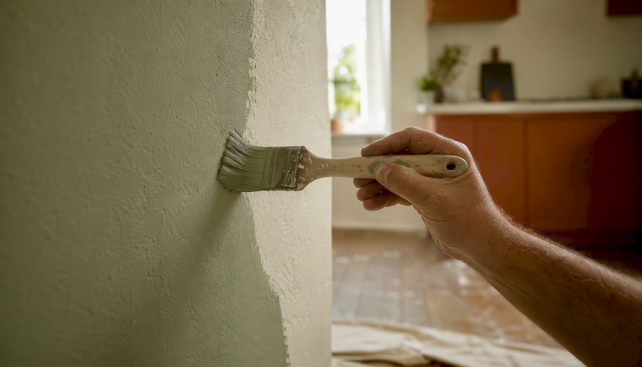 Painter brushing warm neutral interior wall