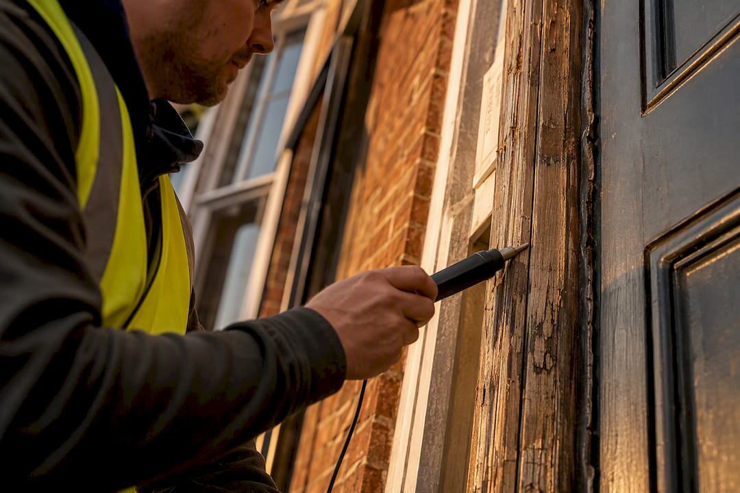 Painter using moisture meter on exterior wall