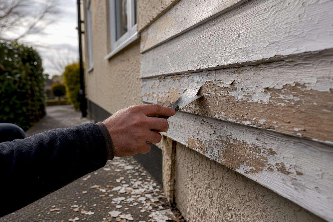 Painter scraping old paint on exterior wall