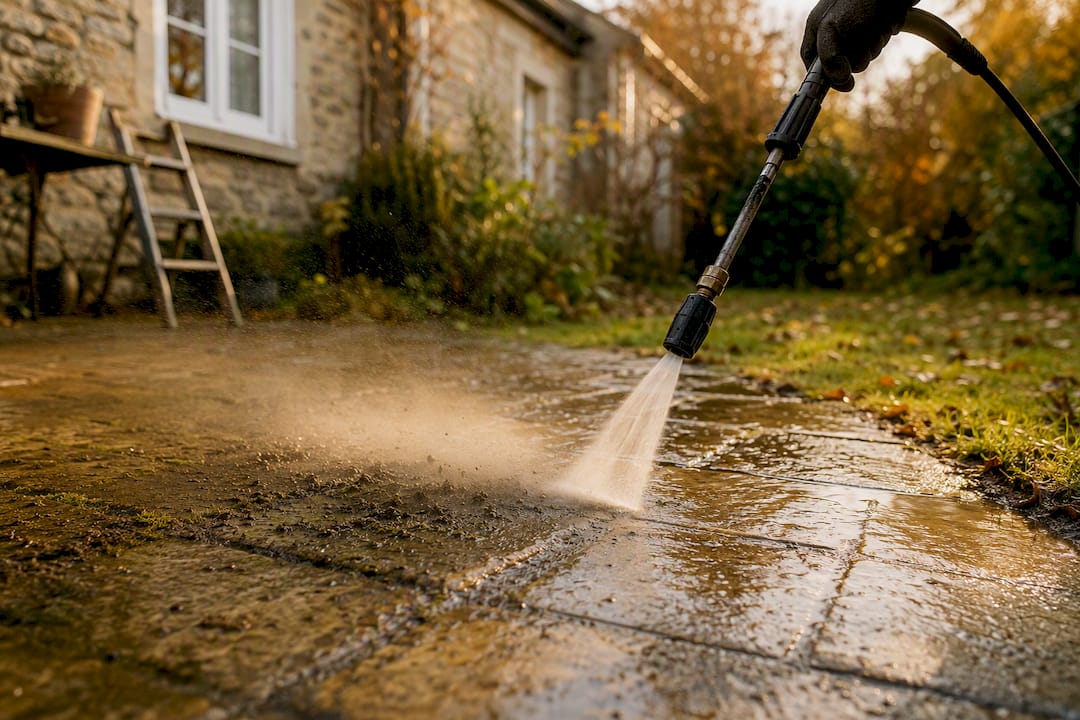 Pressure washer cleaning a UK patio surface
