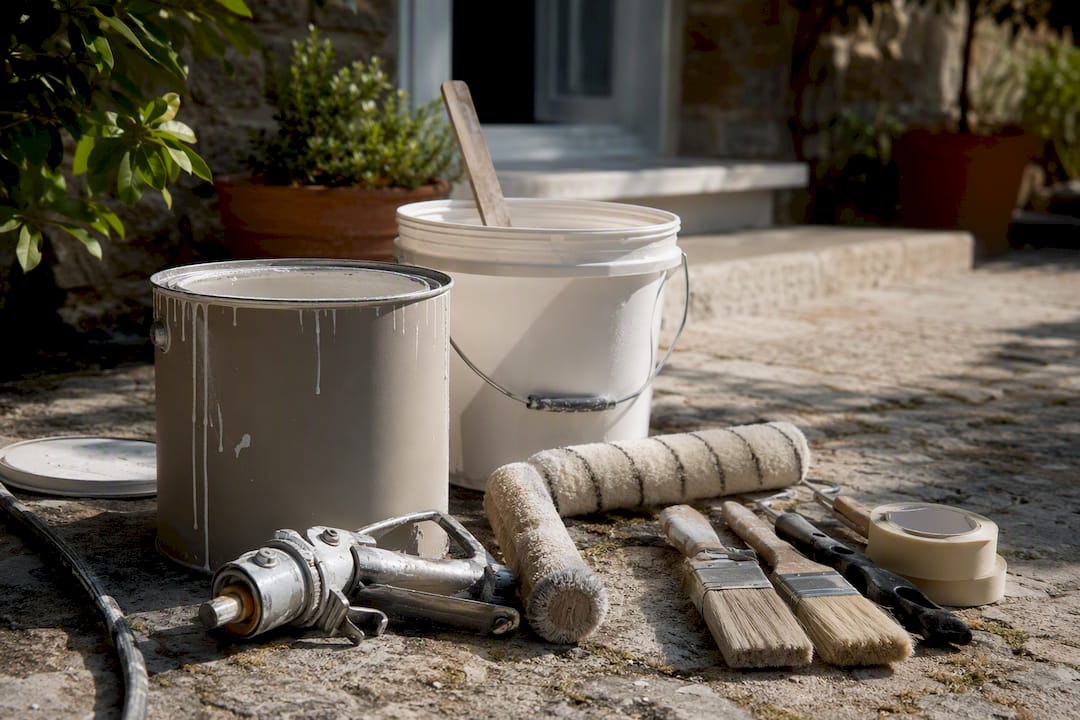 Painting tools and masonry paint for pebbledash
