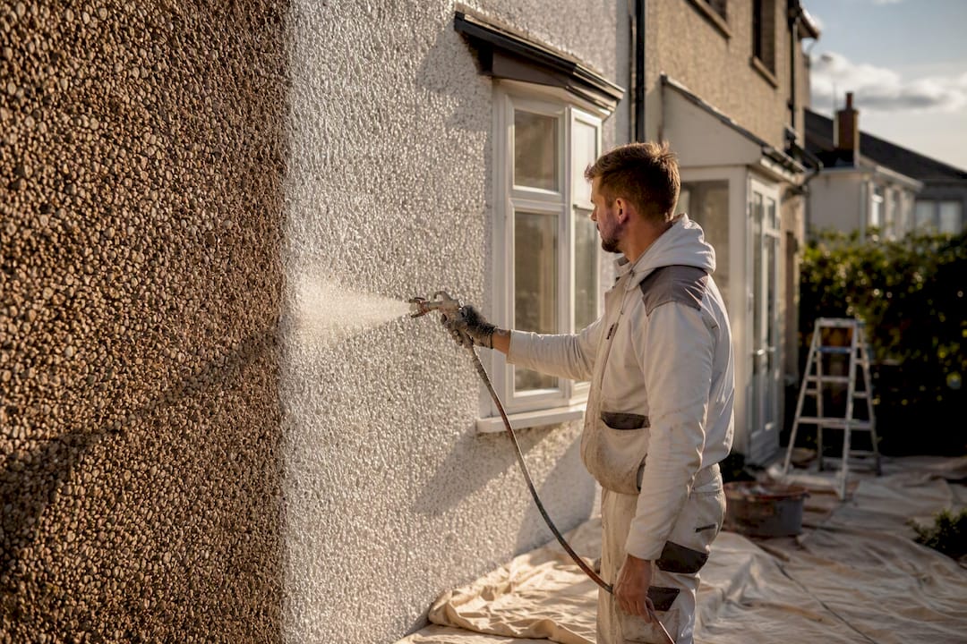 Painter spraying pebbledash wall exterior