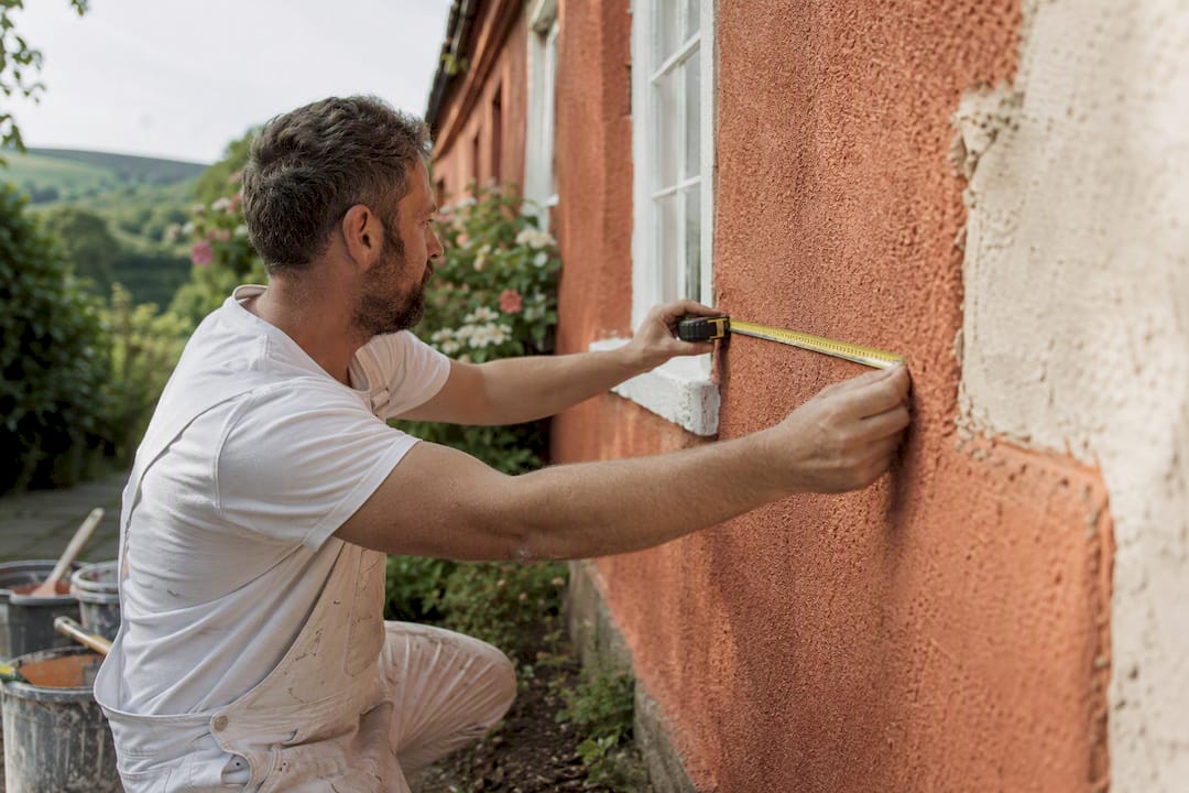 Painter measuring exterior house wall surface