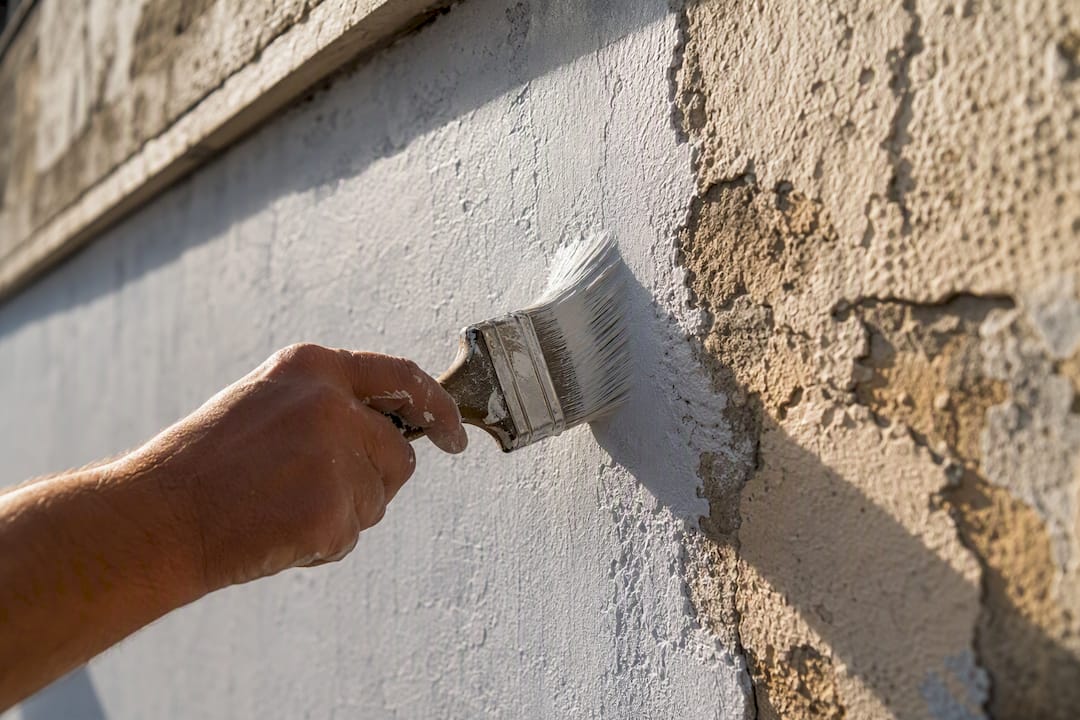 Applying primer to exterior masonry wall