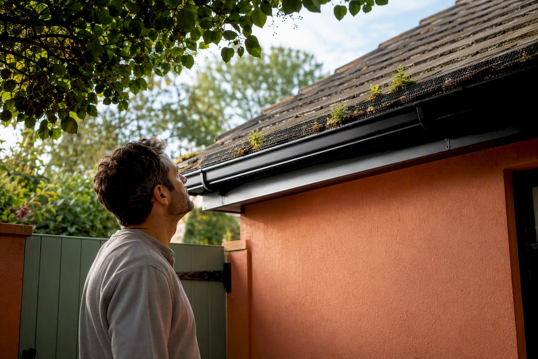 Homeowner checking a gutter guard from ground
