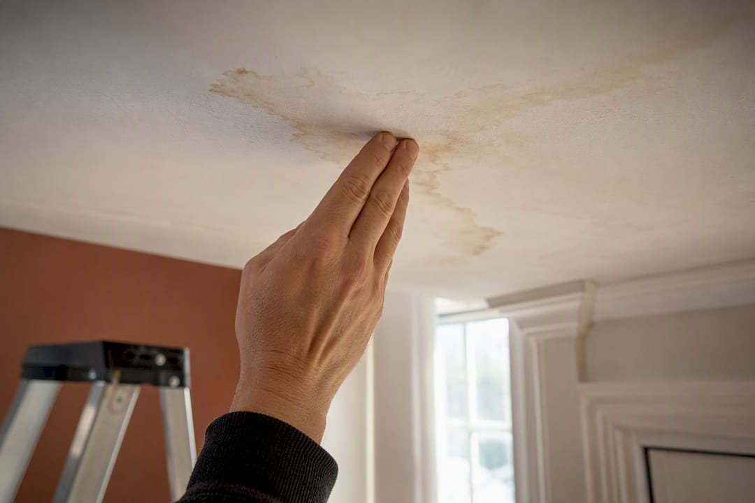 Press testing damaged ceiling plasterboard