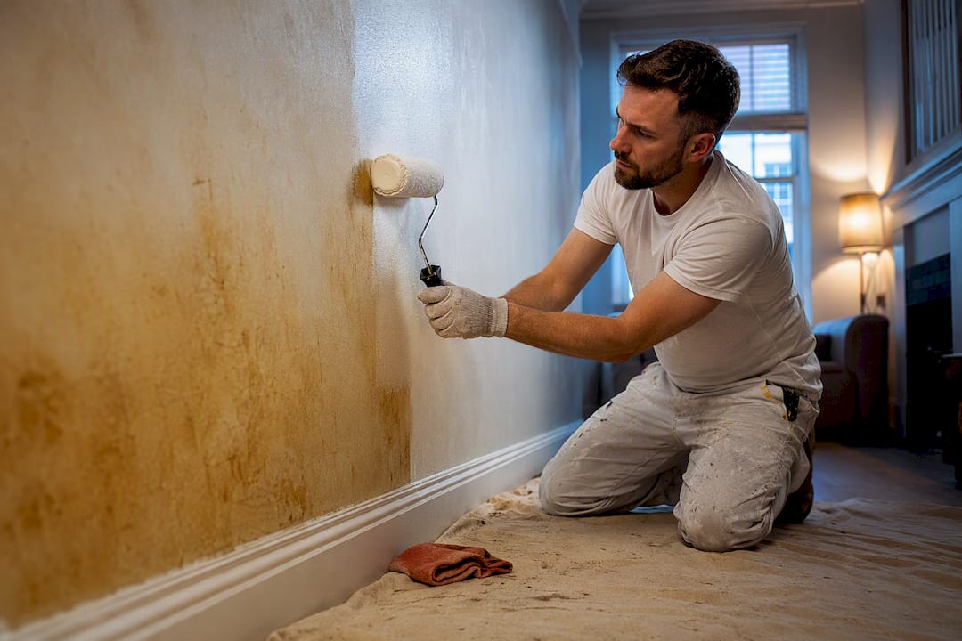 Shellac primer covering nicotine-stained lounge wall