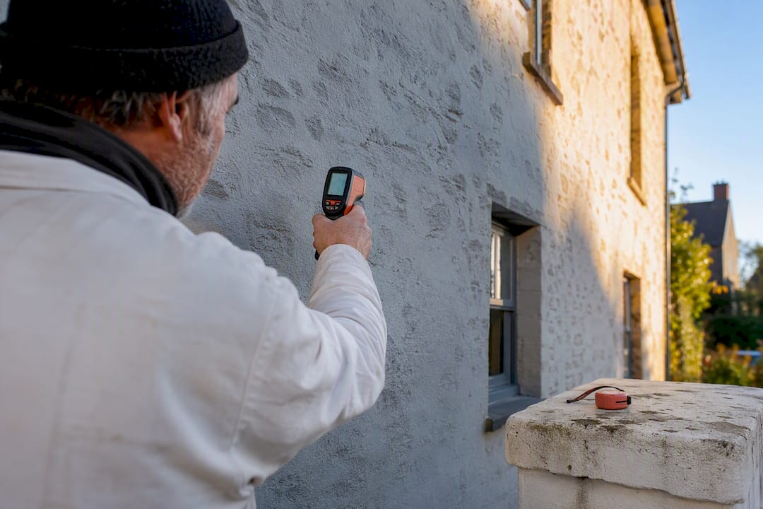 Decorator checking shaded wall temperature