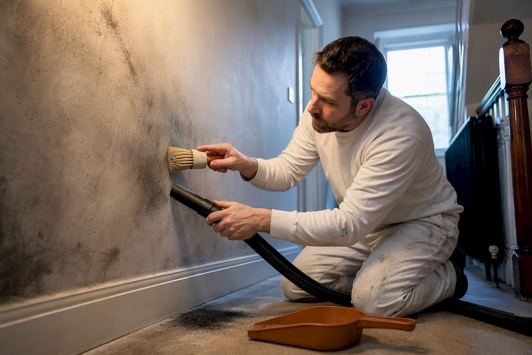 Decorator removing loose soot from damaged wall