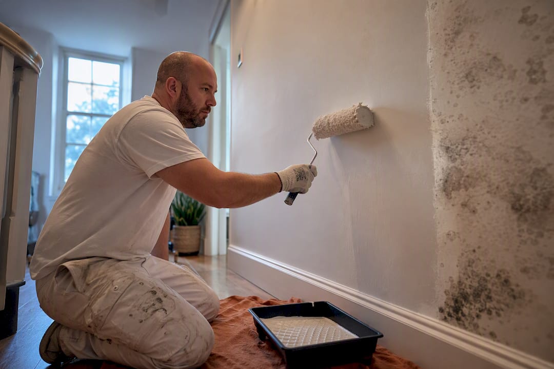 Decorator painting a prepared mould affected wall