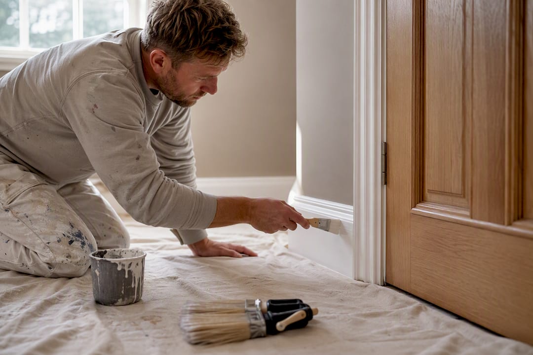 Brush painting skirting beside panelled door