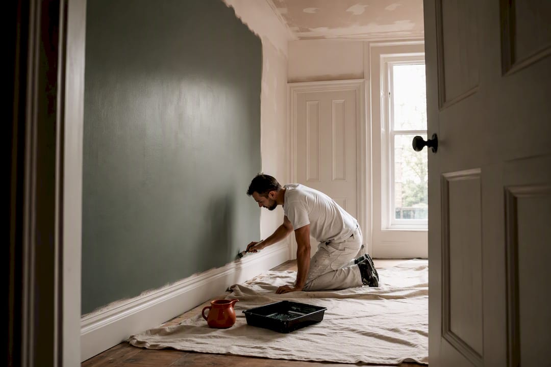 Decorator painting a room at different stages