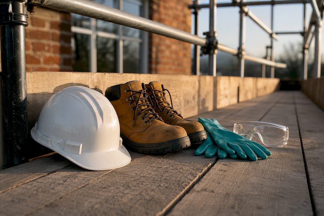 Hard hat boots gloves and eye protection