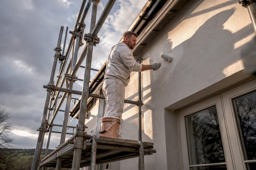 Decorator painting house from exterior scaffolding