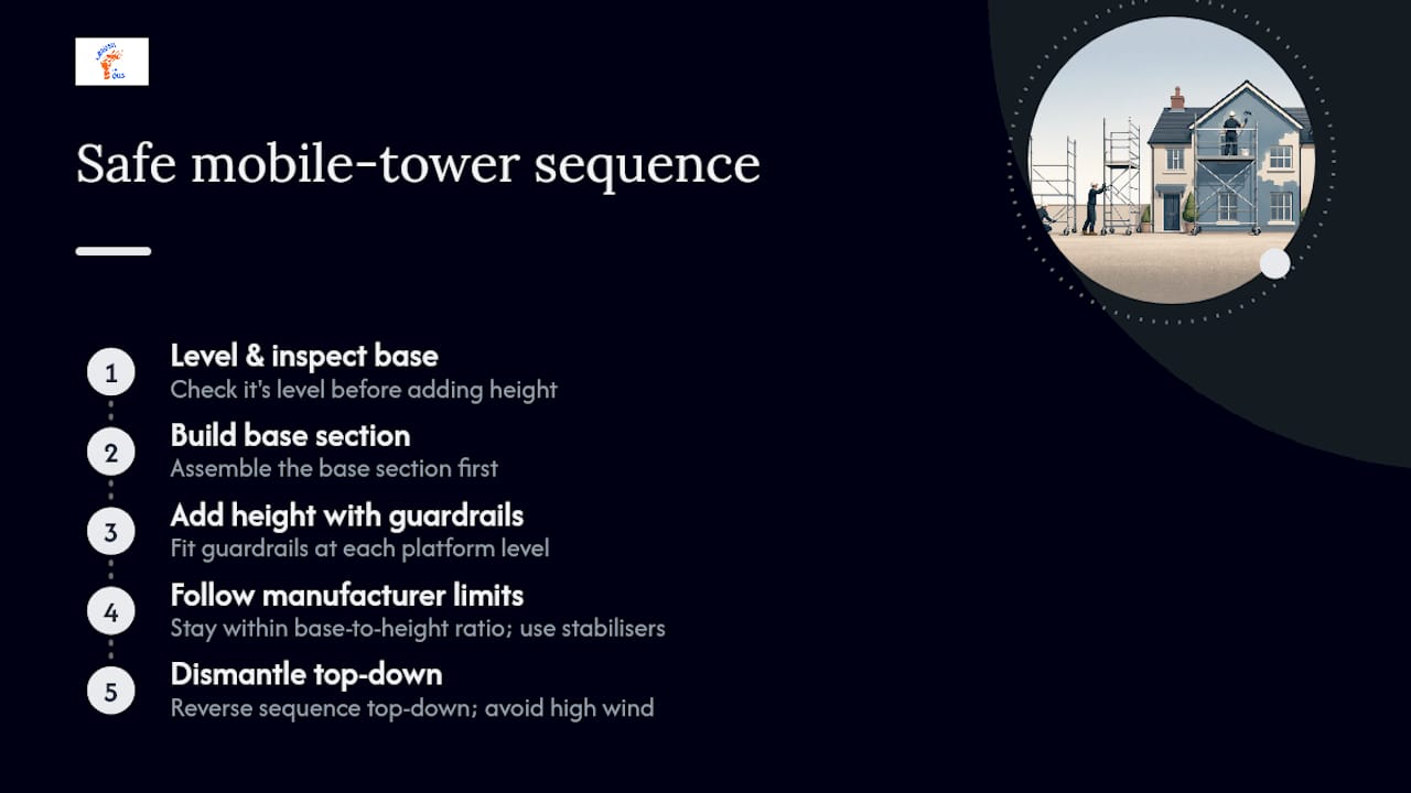 Safe mobile scaffold assembly and dismantling sequence