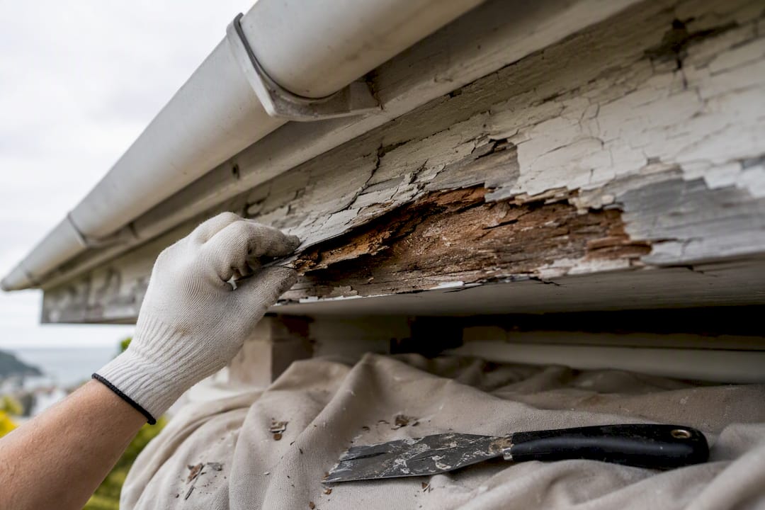 Rotten fascia revealed beneath old paint