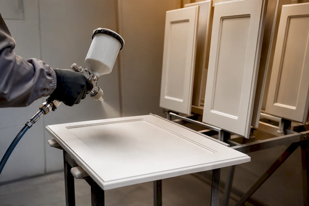 Detached cabinet doors in spray booth