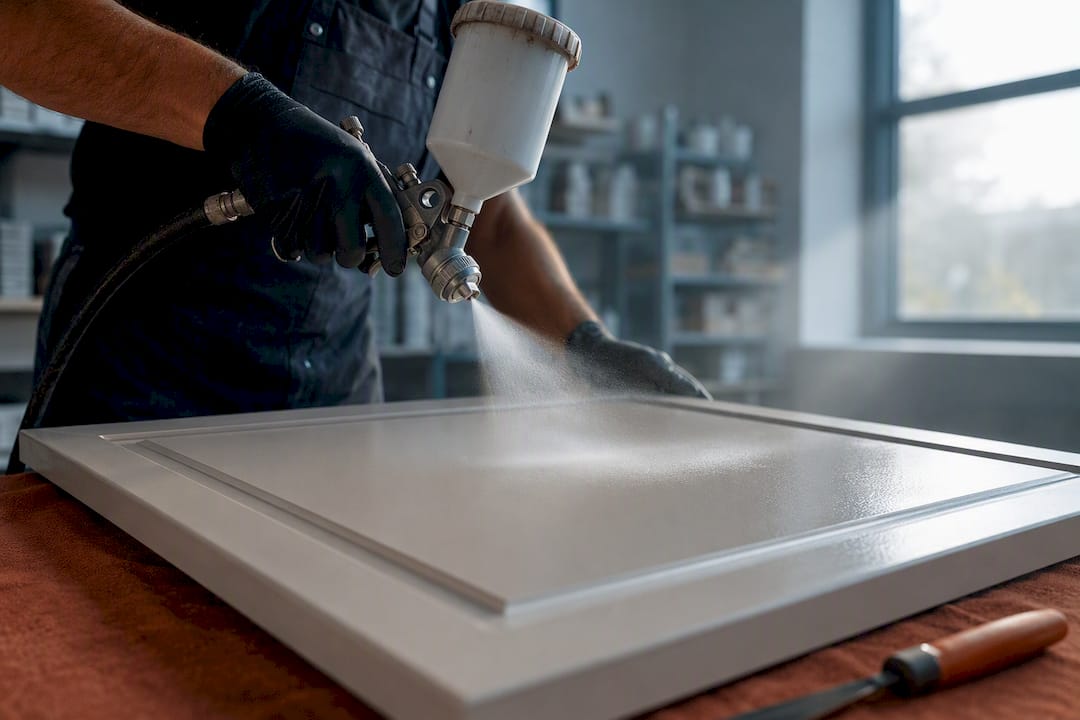 Sprayer coating a laminate cabinet door