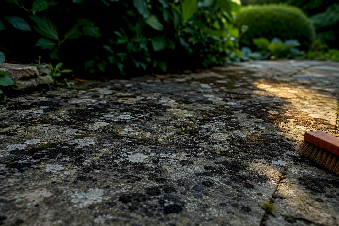 Black lichen spots on shaded patio paving