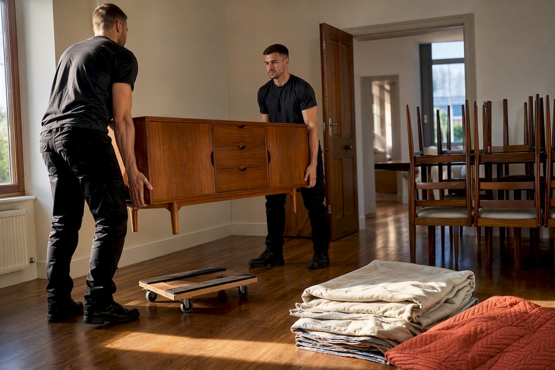 Movers positioning furniture before room painting