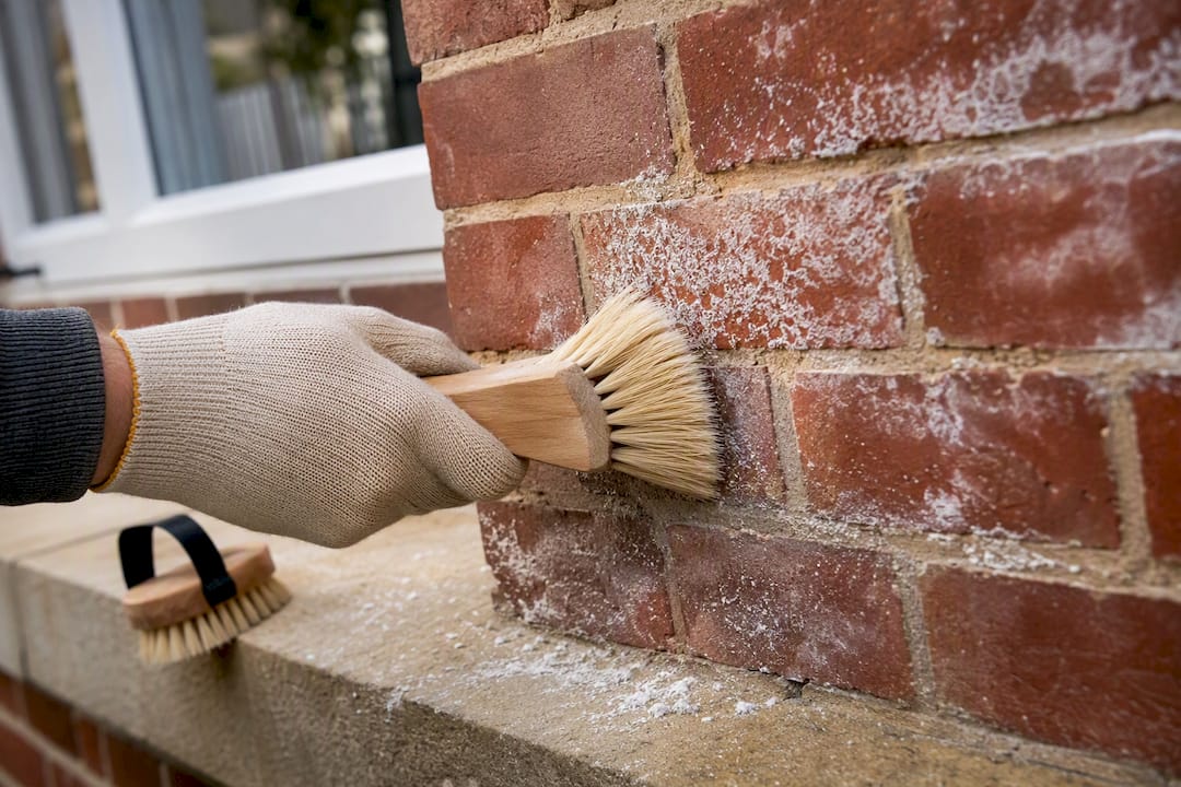Soft brush removing efflorescence from brickwork