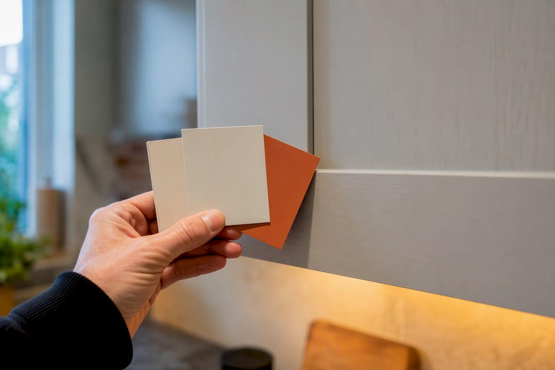 Paint samples held beside kitchen cabinet