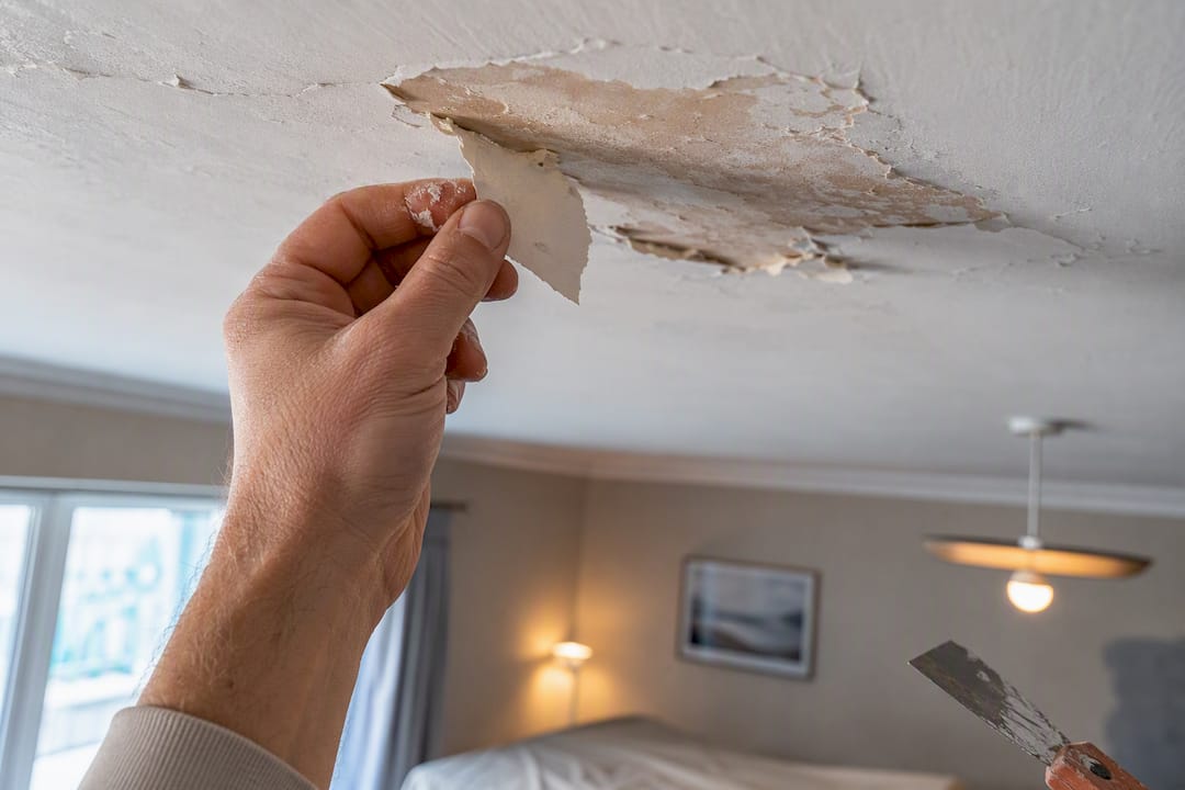 Loose paint flaking from a residential ceiling