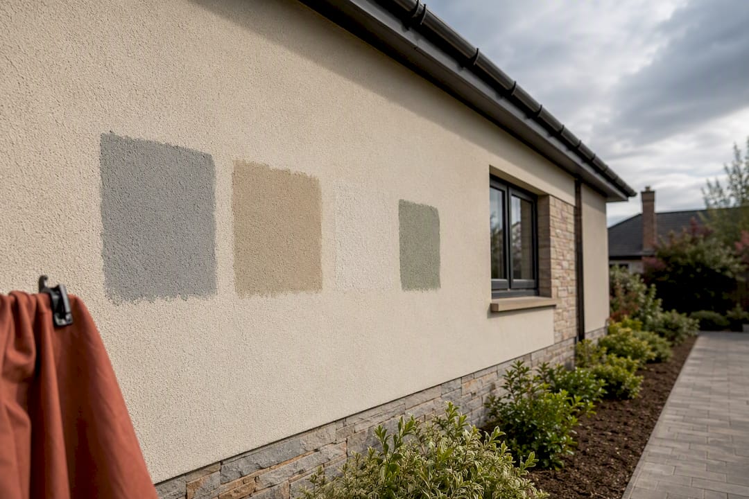 Paint test patches on rendered bungalow wall