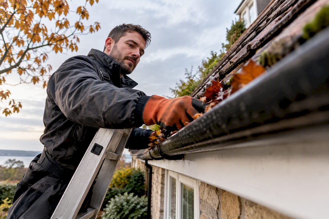 Autumn leaves being cleared from UK gutter