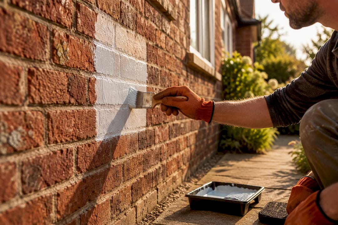 Decorator applying primer to brick test patch